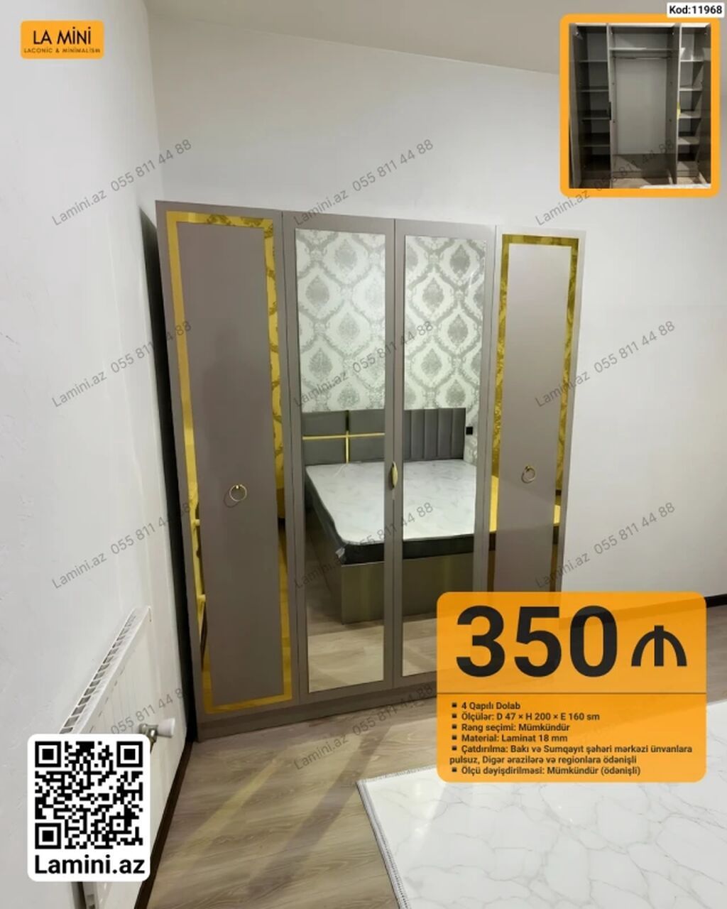 4 qapılı şkaf – Kod: 11968 • Ölçülər: Dərinlik 47 sm × Hündürlük 200 — Mebel, Bakı