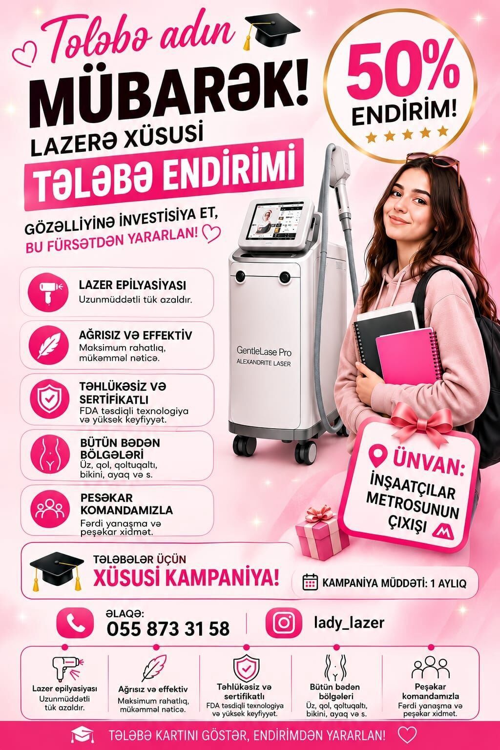 Xüsusi tələbə endirimi ilə lazer epilyasiyası xidməti • 50% endirim – — İş, Masazır