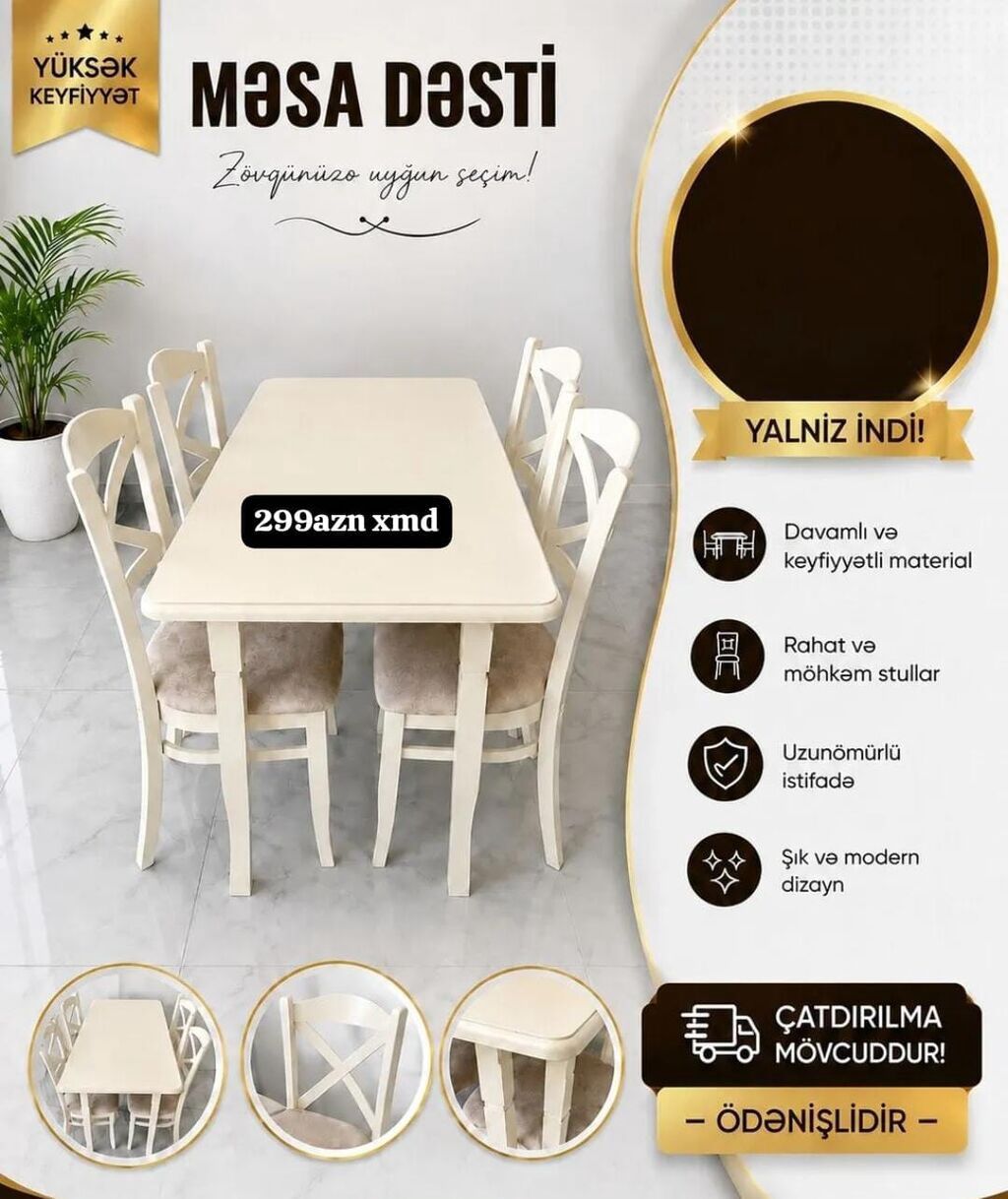 Məhsul: Masa dəsti - Komplekt: 1 ədəd düzbucaqlı masa + 4 ədəd stul - — Mebel, Xırdalan (2)