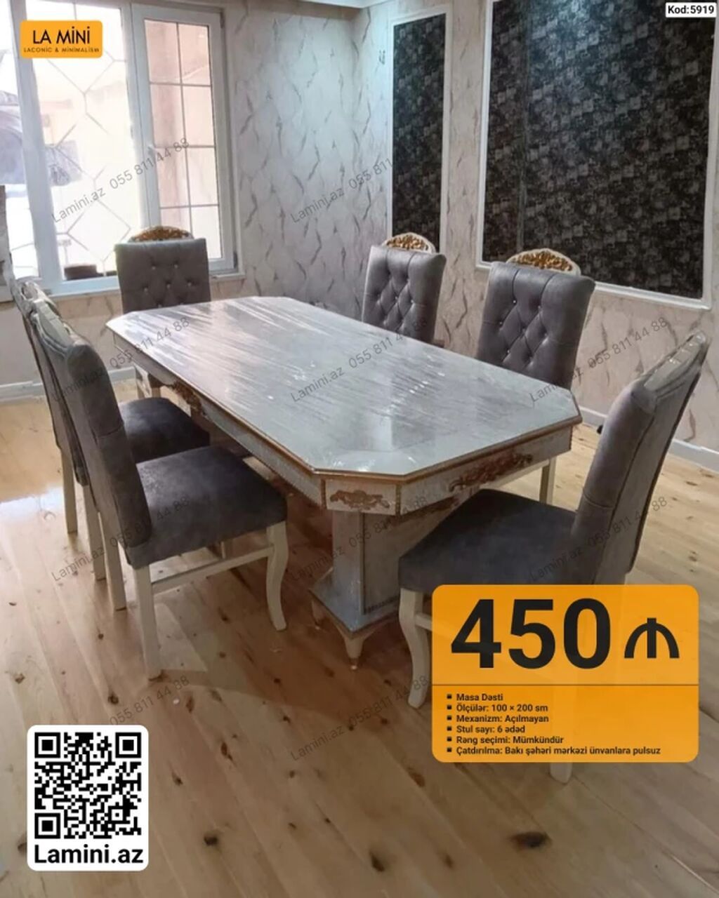 Mebel dəsti – Masa və 6 stul - Məhsul: Yemək masası dəsti - Tərkib: 1 — Mebel, Bakı