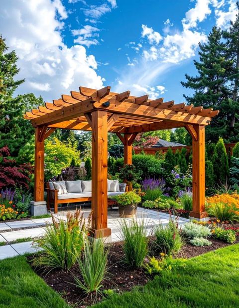 Açıq havada istirahət zonaları üçün taxta pergola