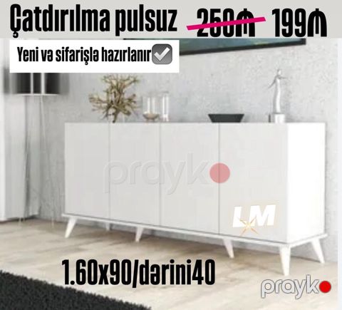 Ağ rəngli, müasir dizaynlı bufet/komod. Dörd qapılı, minimalistik — Digah