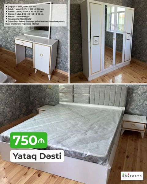 Yataq Dəsti – 750 ₼ Dəst tərkibi və ölçülər: - Çarpayı: 1 ədəd, 160 ×