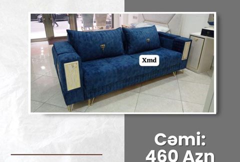 Mavi rəngdə, müasir üslubda 3 nəfərlik divan. Yumşaq məxməri/parça