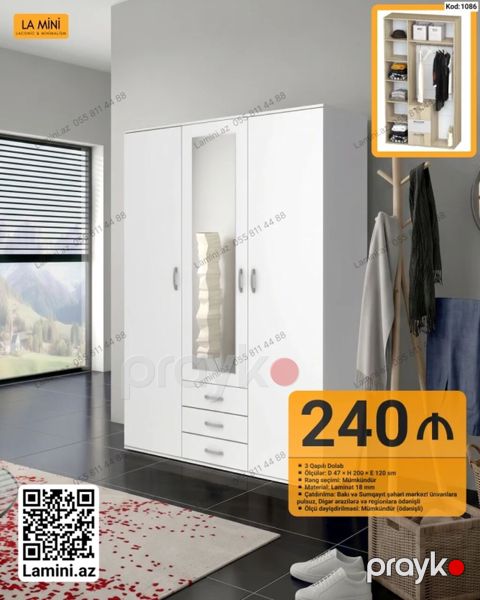 3 qapılı dolab – Kod: 1086 - Ölçülər: Dərinlik 47 sm Hündürlük 200 — Bakı