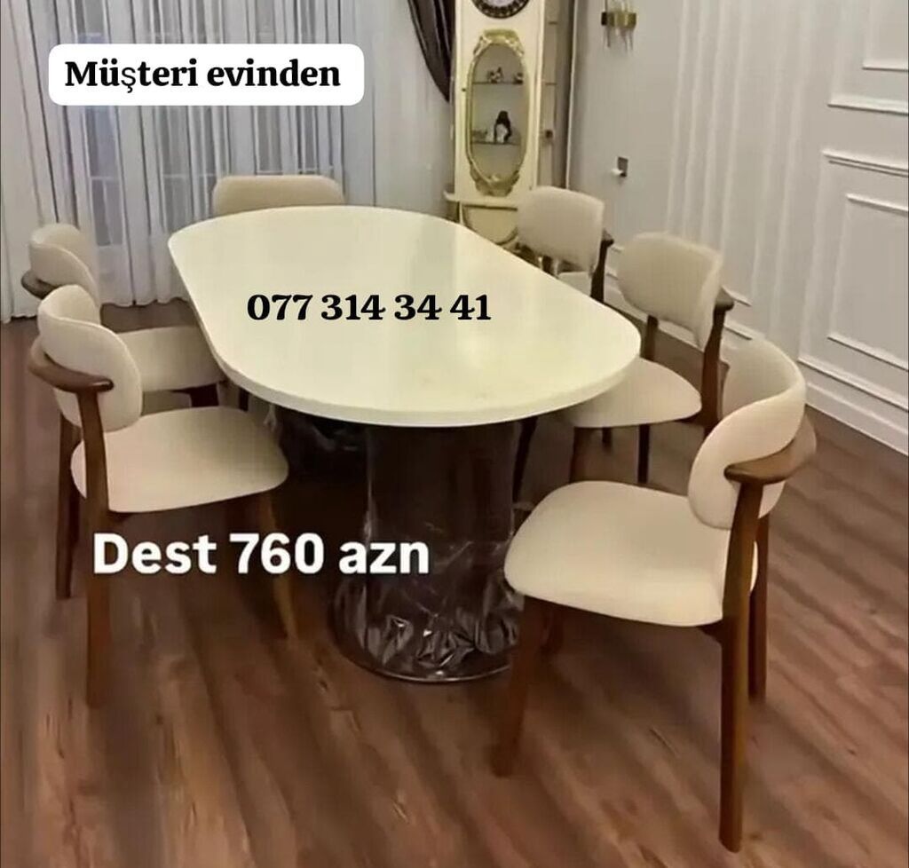 Yemək otağı dəsti - Oval formalı, parlaq açıq rəngli masa - Masanın