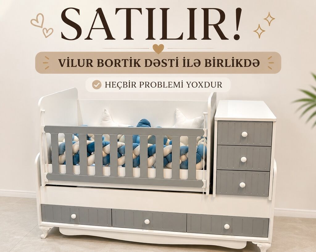 Uşaq çarpayısı və komodlu beşik dəsti — ağ və boz, taxta — Uşaq otağı, Xırdalan (2)