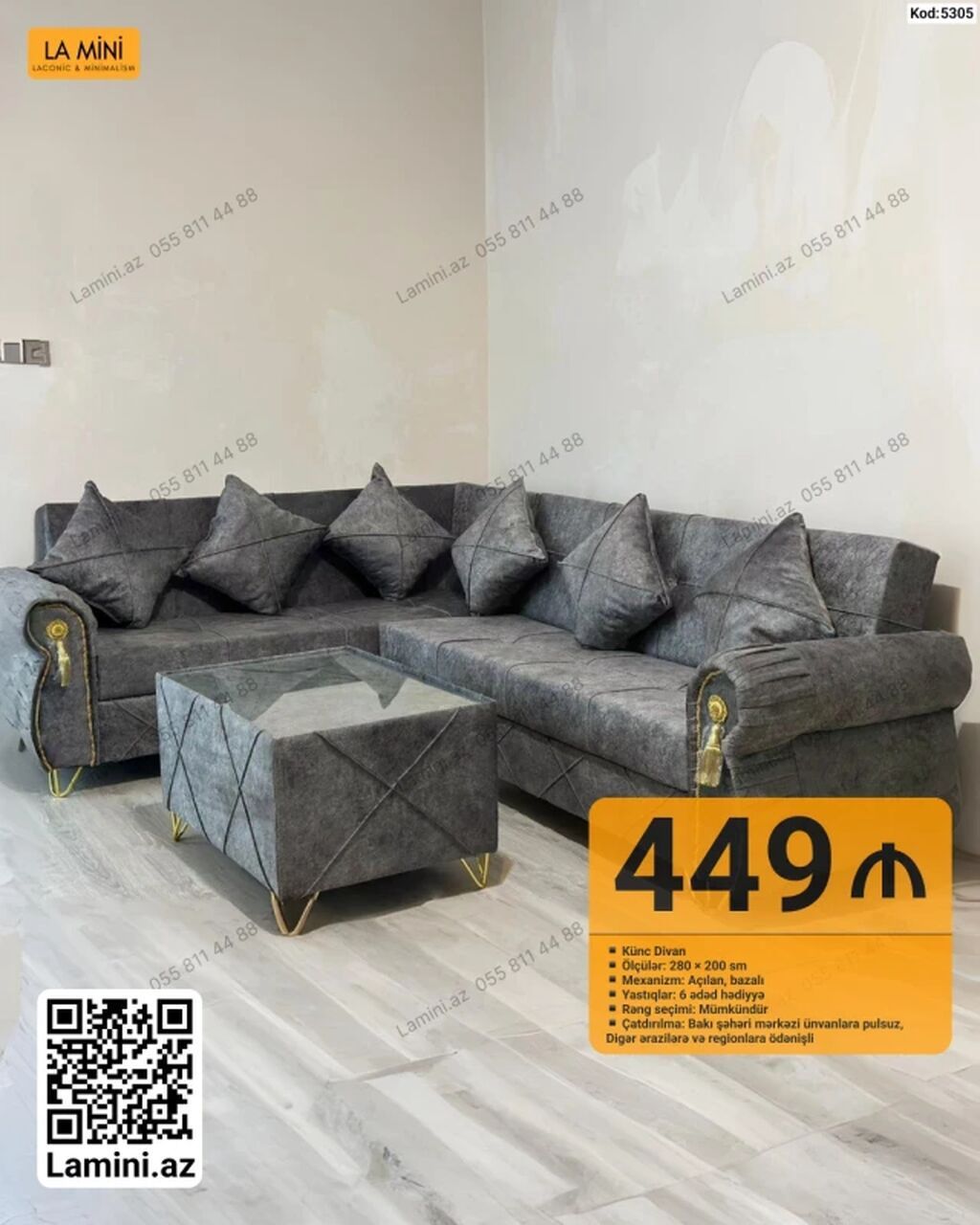 Künc divan dəsti – Kod: 5305 - Ölçü: 280 x 200 sm - Mexanizm: açılan — Mebel, Bakı