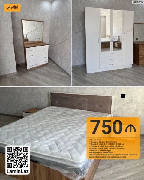 Yataq Dəsti – Kod: 13096 Komplekt: - Yataq: 1 ədəd, 160 × 200 sm - — Lamini Mebel — Yataq otağı mebel dəstləri
