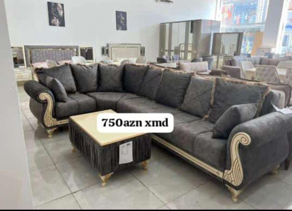 Künc divan dəsti – klassik üslubda, tünd boz rəngli yumşaq parça