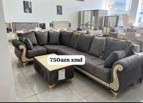 Künc divan dəsti – klassik üslubda, tünd boz rəngli yumşaq parça — Xırdalan