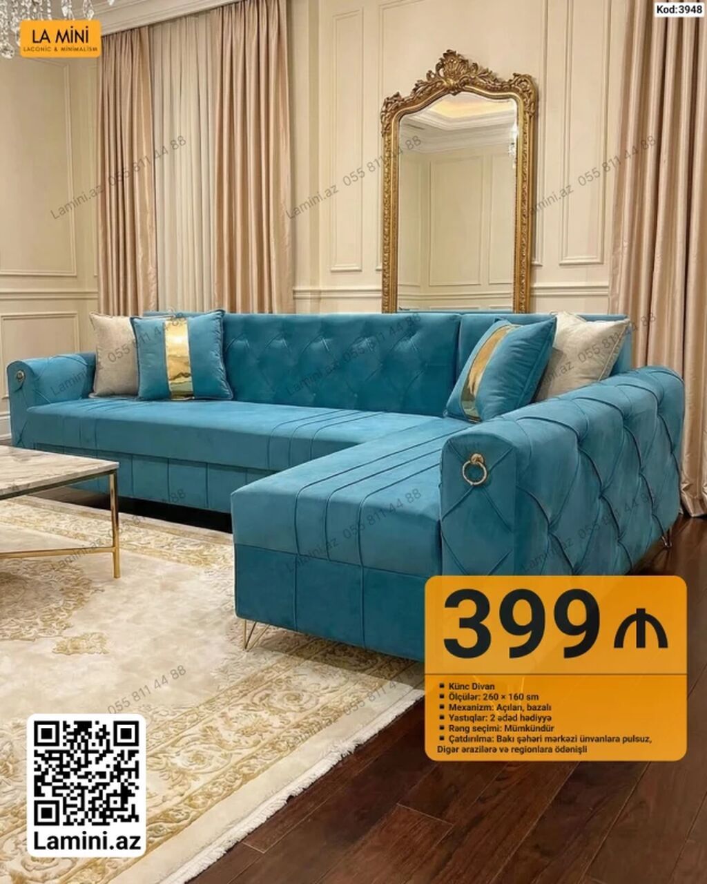 LA MİNİ – Künc divan - Ölçülər: 260 × 160 sm - Mexanizm: açılan — Mebel, Bakı