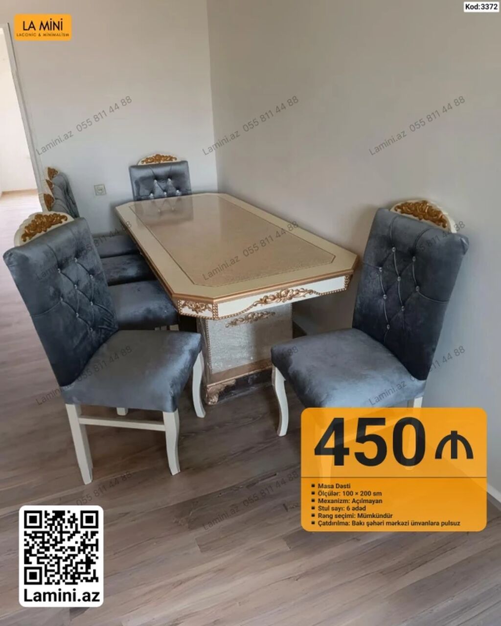 Masa dəsti - Ölçülər: 100 × 200 sm - Mexanizm: açılmayan - Stul sayı — Mebel, Bakı