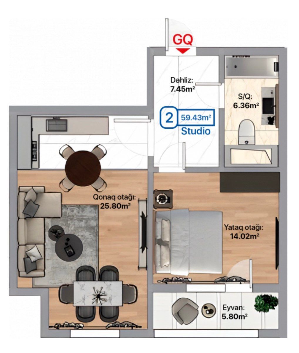 2-otaqlı yeni tikili, Həsən Əliyev küç. 7a, 60 m² — Daşınmaz əmlak, Xırdalan (2)