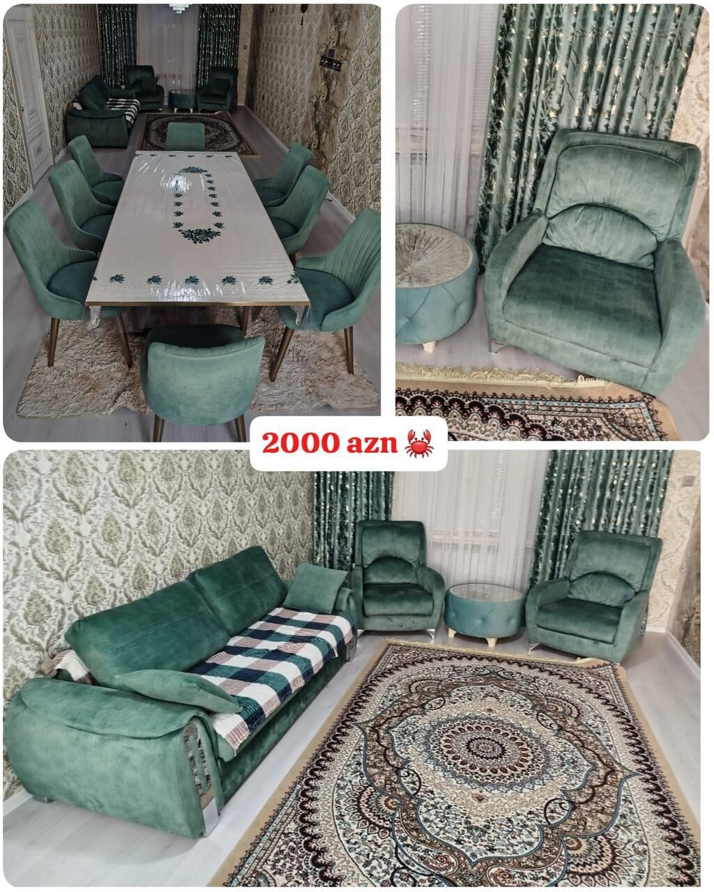 Yumşaq mobilya dəsti — divan, 2 kreslo, masa və 8 stul