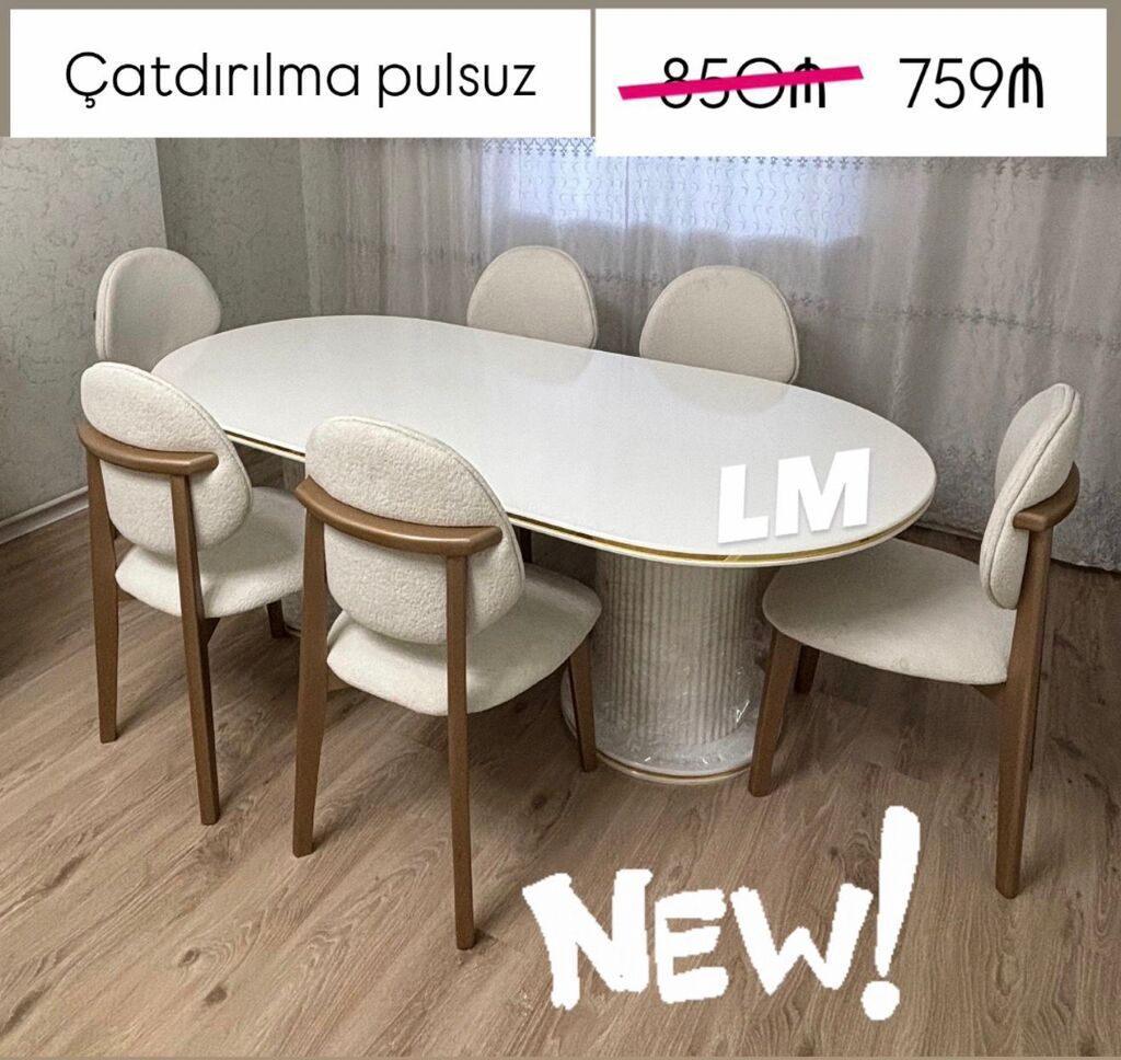 Oval formalı yemək masası və 6 ədəd stul dəsti - Masanın üstü parlaq
