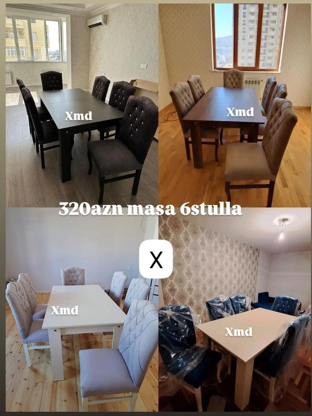 Yemək otağı üçün zərif masa və 6 stul dəsti. - Masa: düzbucaqlı