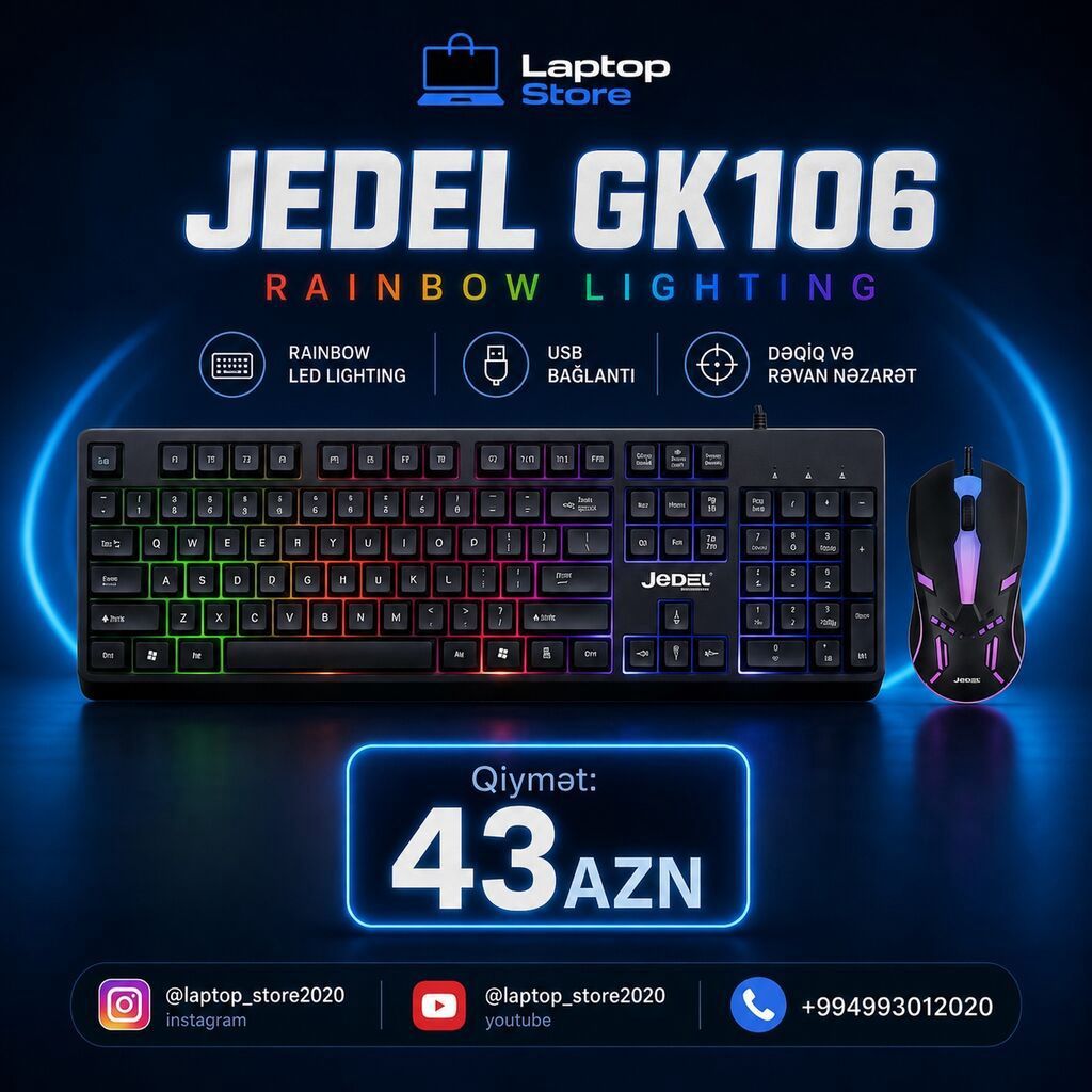 🎮 JEDEL GK106 Rainbow Lighting – Klaviatura + Mouse 🌈 Rainbow LED — Elektronika, Bakı