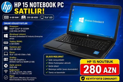 HP 15 noutbuk Texniki xüsusiyyətlər: - Prosessor: Intel Core