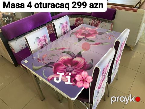 Mətbəx/dining dəsti – 4 oturacaqla. Şüşə səthli, bənövşəyi tonlarda — Bakı