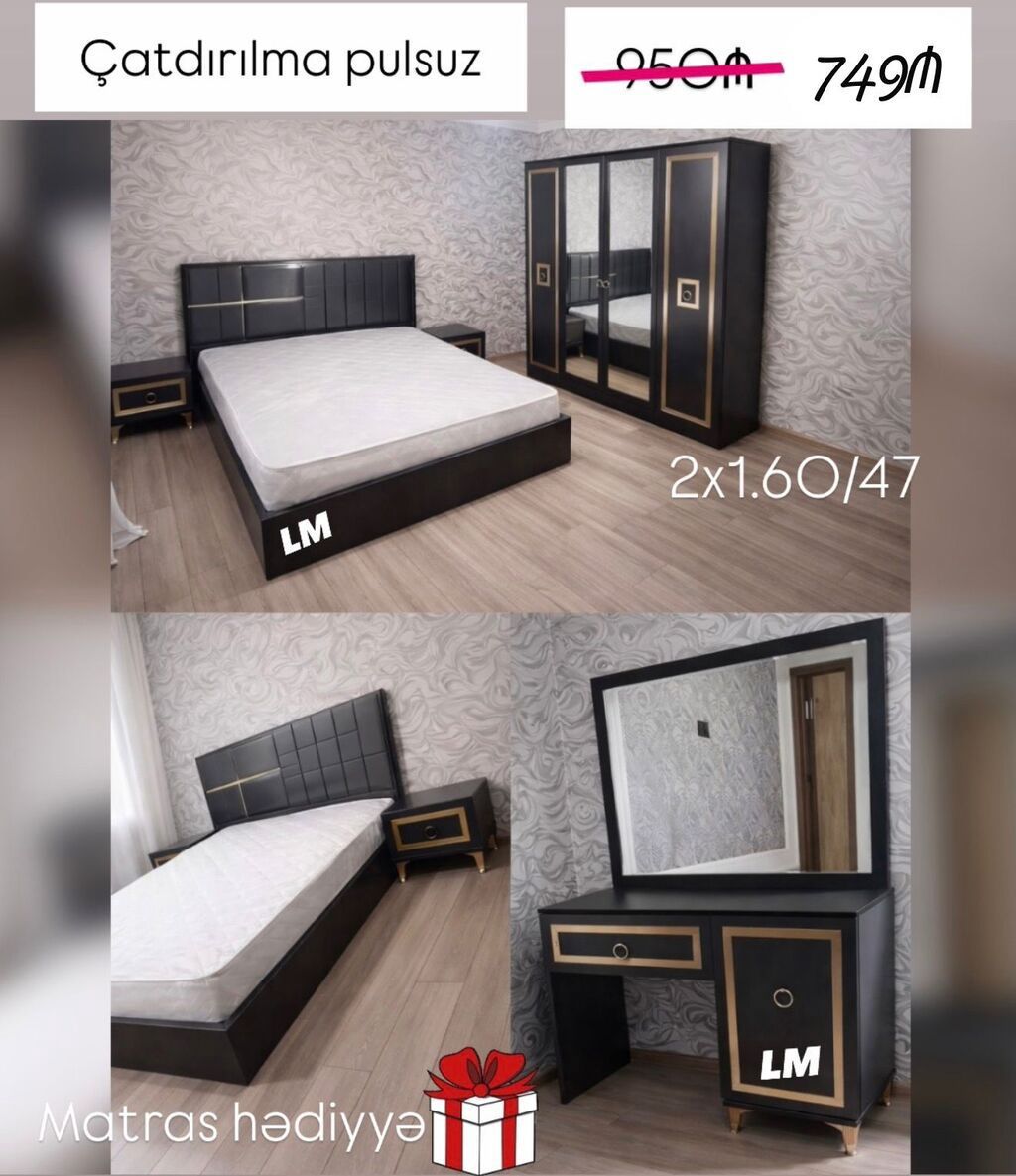 Yataq otağı dəsti – Modern qara-qızılı dizayn Tərkibi: - İki nəfərlik — Mebel, Bakı