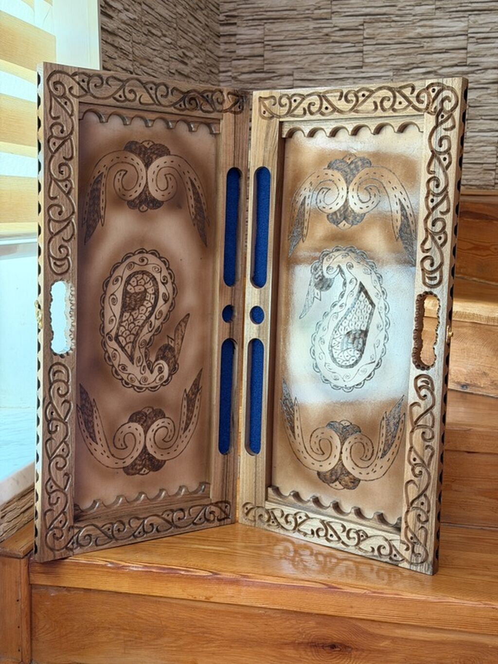 Əl oyma taxta nərd dəsti - Material: bərk ağac (əl işçiliyi ilə oyma — İdman və istirahət, Masazır (6)