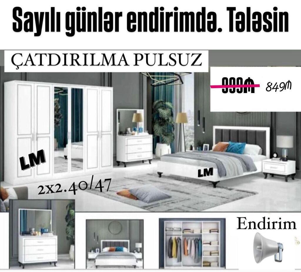 Ağ rəngli yataq otağı dəsti Tərkibi: - 4 qapılı qarderob (güzgülü — Mebel, Bakı