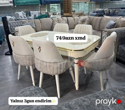 Yemək otağı dəsti – masa + 6 stul - Rəng: krem/ivori tonları, qızılı — Bakı