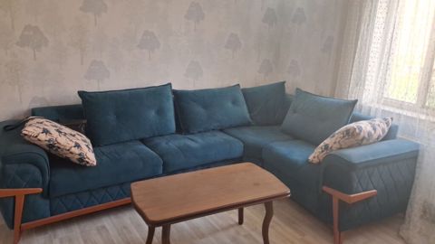 Mavi rəngdə L formalı yumşaq künc divanı - Müasir L formalı künc