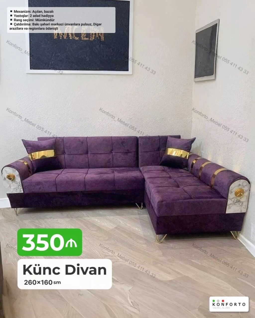 Künc Divan – 260×160 sm - Rəng: Seçim mümkündür - Mexanizm: Açılan — Mebel, Bakı