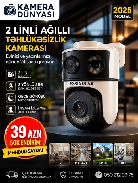 2 linli ağıllı Wi-Fi təhlükəsizlik kamerası — 2025 model