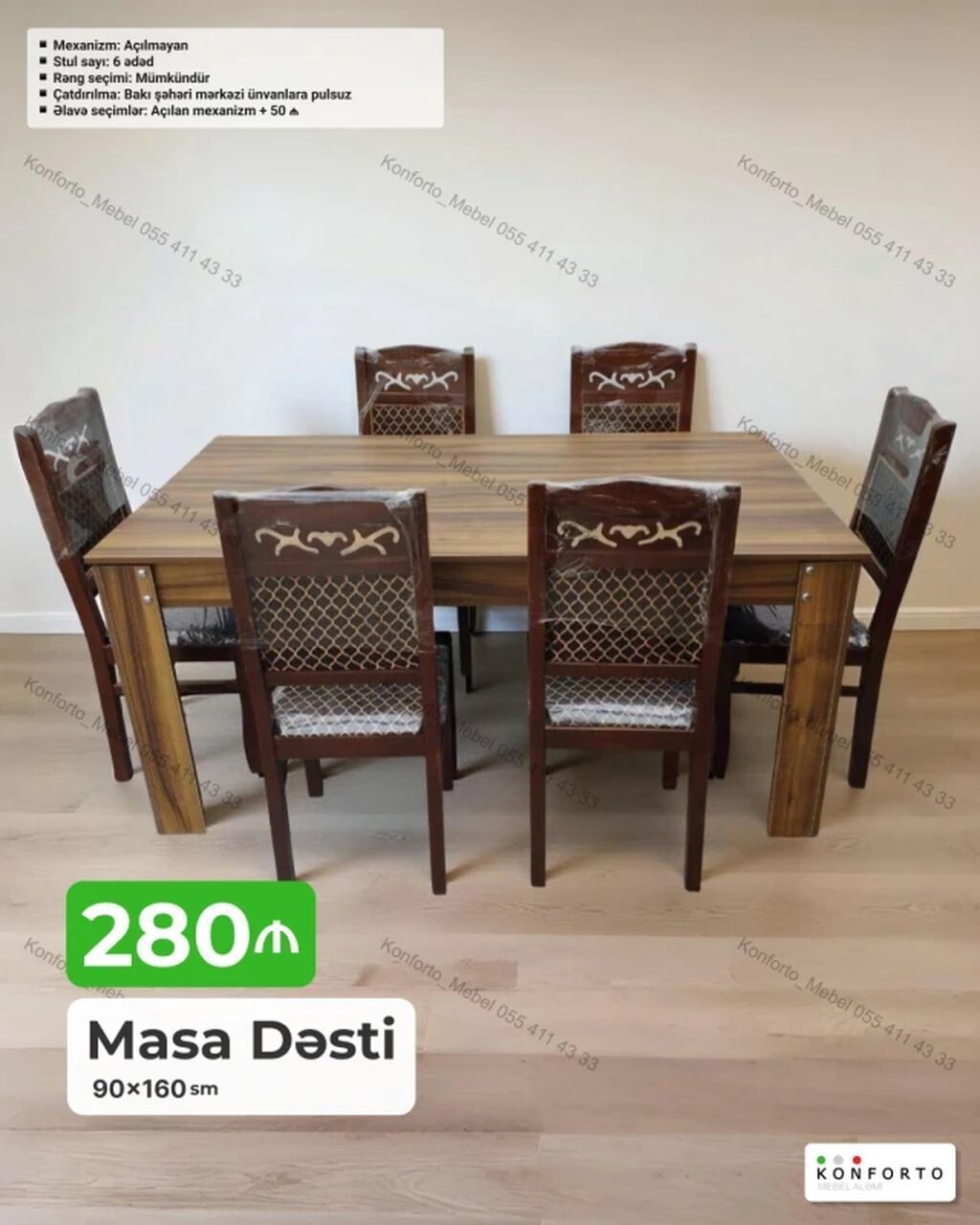Masa dəsti – 90×160 sm - Komplekt: 1 ədəd masa + 6 ədəd stul -