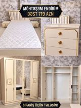 Yataq otağı mebel dəsti – elegant krem rəngli, qızılı dekor xətləri və — Furniture