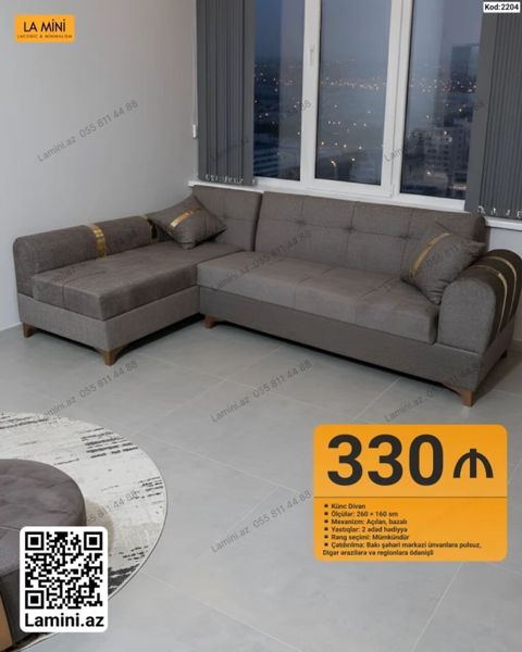 Künc divan – Kod: 2204 - Ölçülər: 260 × 160 sm - Mexanizm: açılan