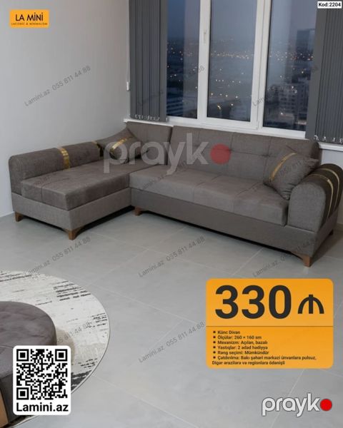 Künc divan – Kod: 2204 - Ölçülər: 260 160 sm - Mexanizm: açılan — Bakı