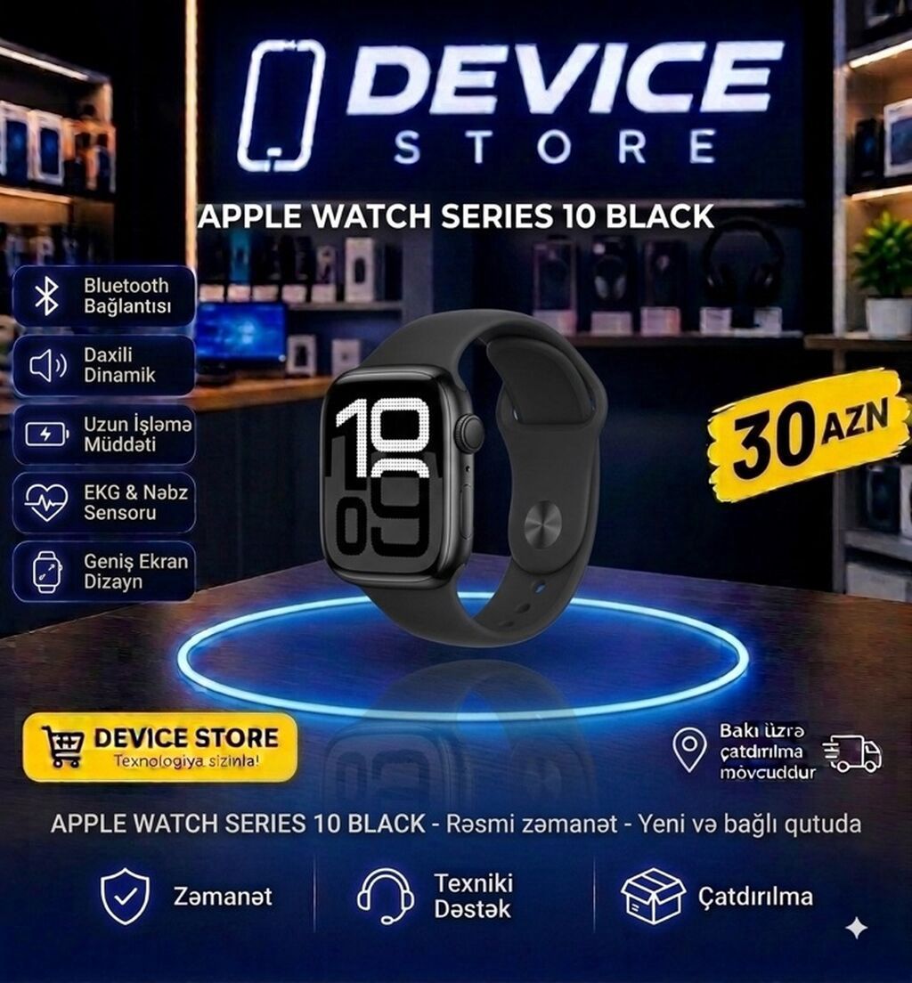 Apple Watch Series 10 Black - Bluetooth bağlantısı - Daxili dinamik -