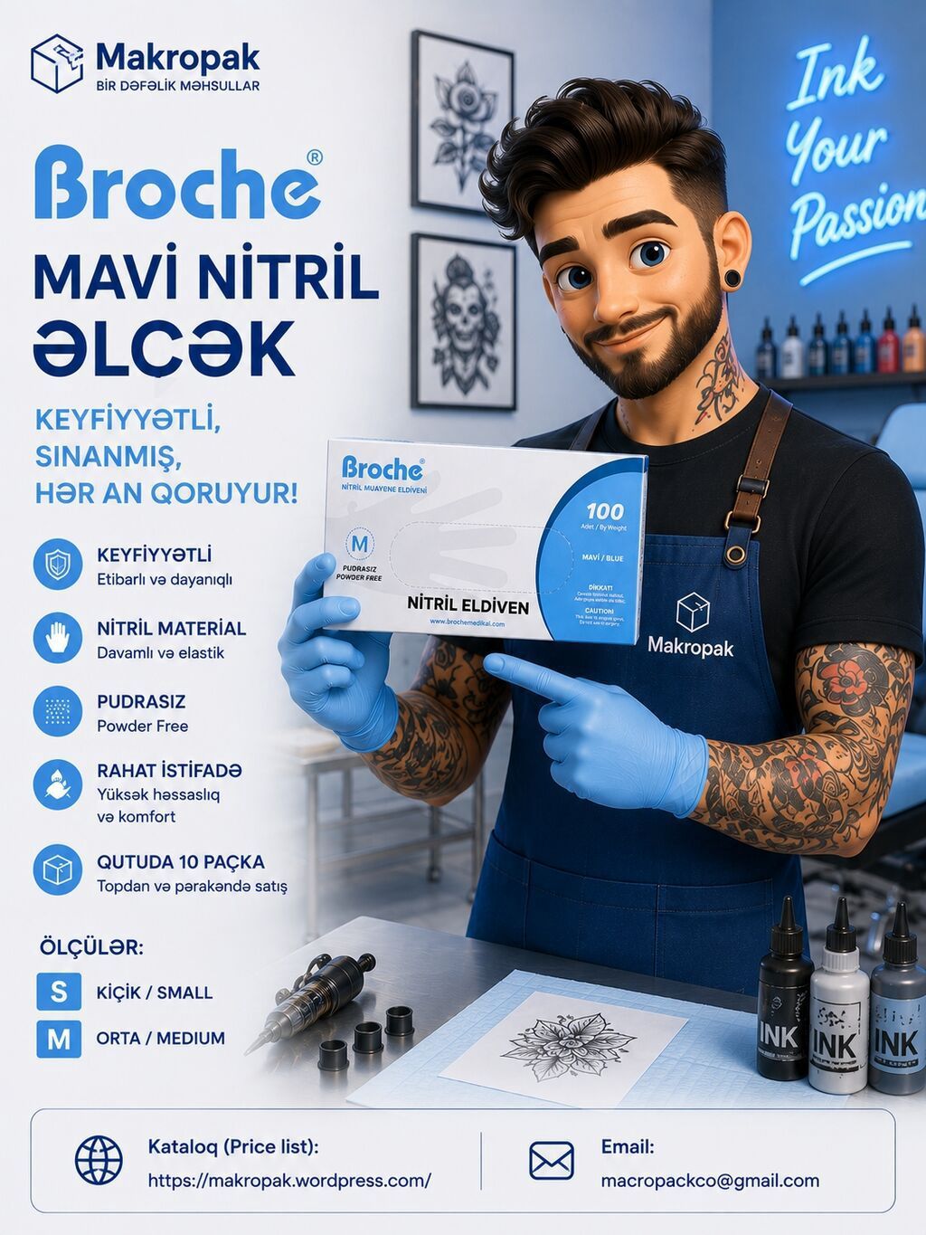 🧤 Yeni rəng, yeni seçim! 💙 Broche marka mavi nitril əlcək ▫️ — Mallar, Masazır