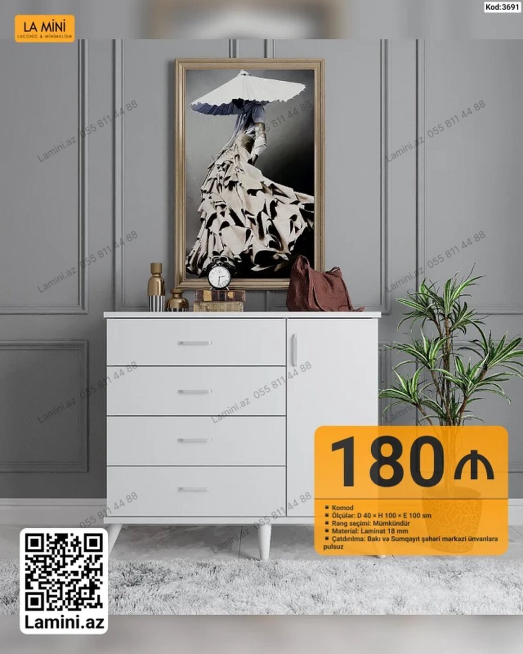 Ağ rəngdə komod - Ölçülər: D 40 x H 100 x E 100 sm - Rəng seçimi — Mebel, Bakı