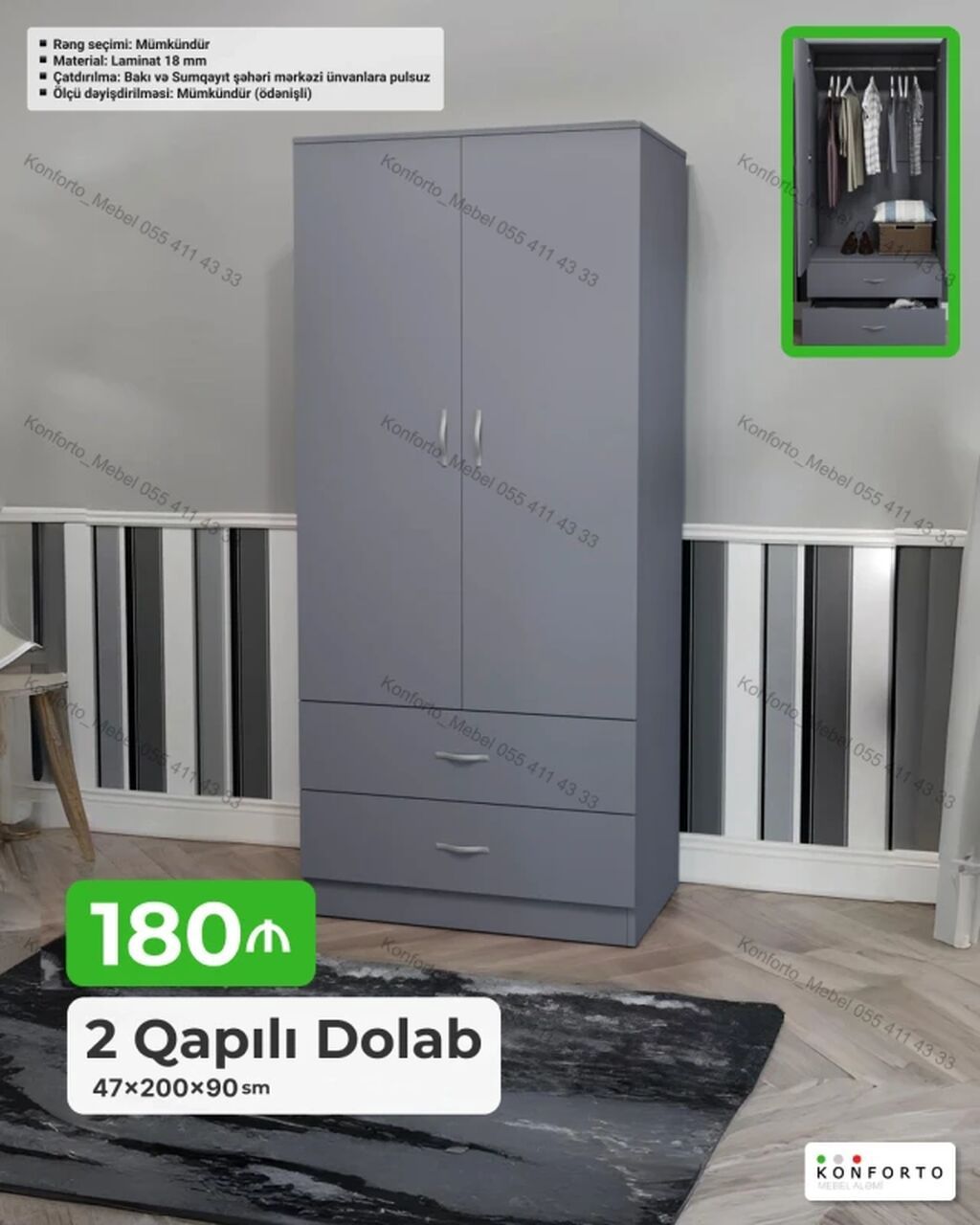 2 qapılı geyim dolabı 47×200×90 sm