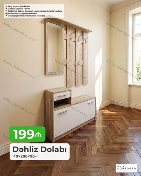 Dəhliz dolabı – 40×200×90 sm - Material: 18 mm laminat - Rəng seçimi — Konforto Mebel — Dəhliz mebeli