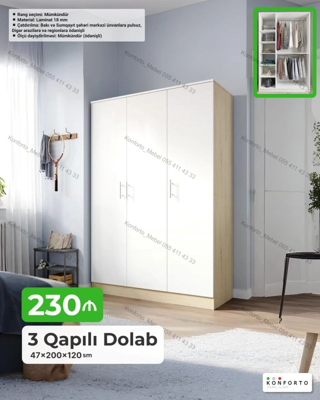 3 qapılı paltar dolabı - Ölçülər: 47×200×120 sm - Material: 18 mm