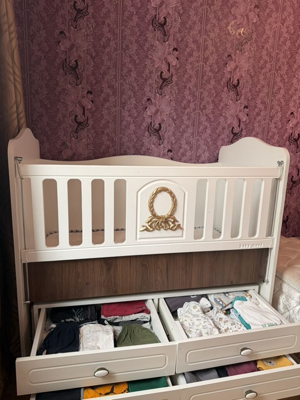 Uşaq beşiyi – “Baby Mood” model - Rəng: ağ + qəhvəyi dekor, ön paneldə — Mebel, Güzdək (4)