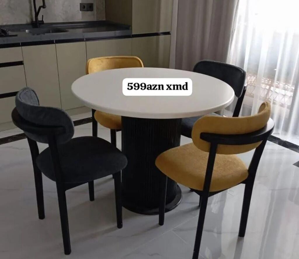 Dairəvi yemək masası və 4 ədəd stul dəsti - Masa: dairəvi ağ üstlük