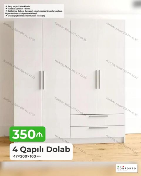 4 qapılı dolab Ölçü: 47×200×160 sm Material: 18 mm laminat Rəng