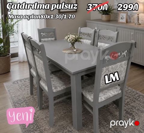 Yemək otağı üçün masa-stul dəsti — 1 masa + 6 stul, boz, açılan model