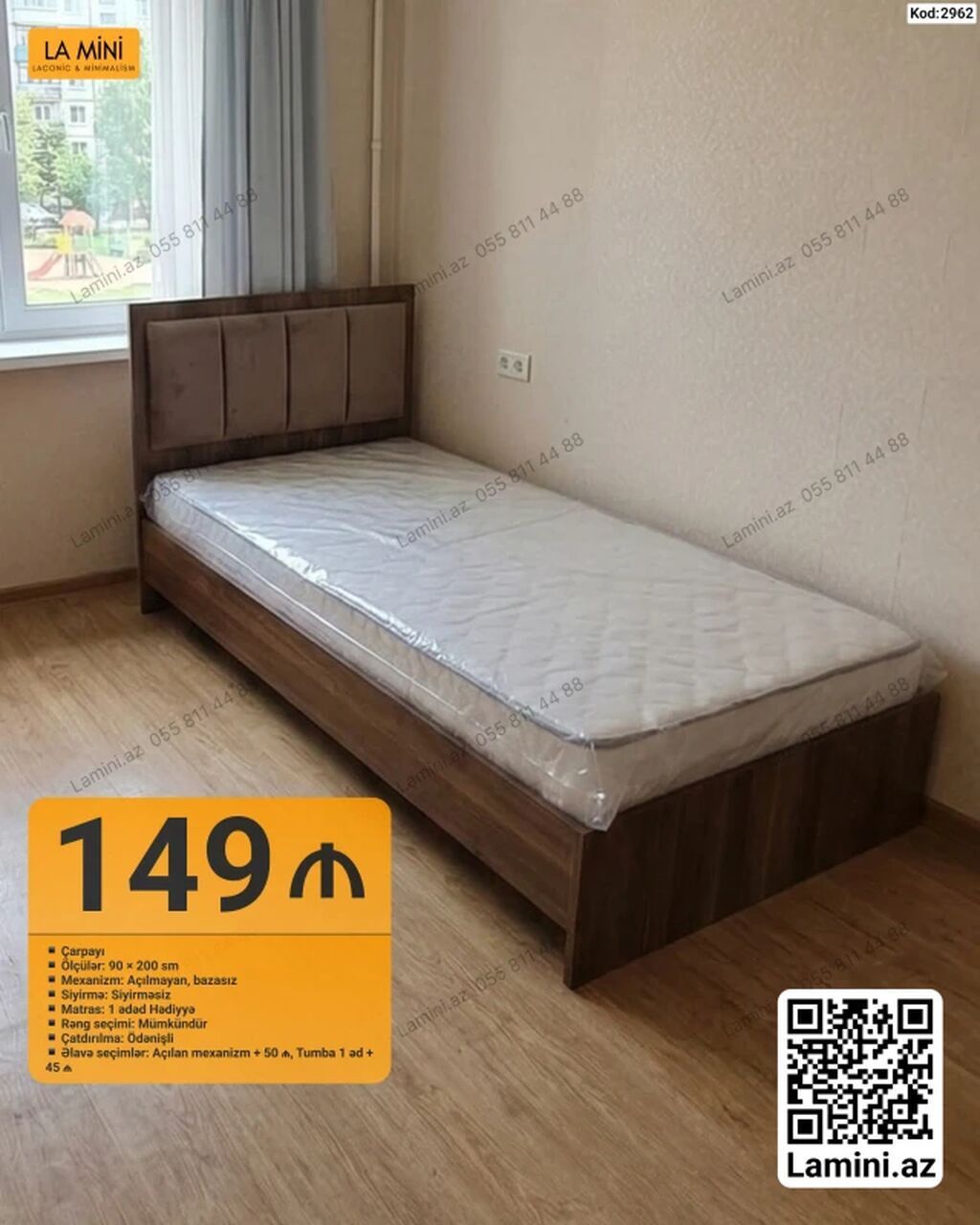 Tək nəfərlik çarpayı – Kod: 2962 • Ölçü: 90 × 200 sm • Mexanizm