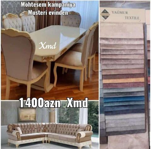 Klassik üslublu mebel dəsti - Yemək masası və 6 ədəd kürsü: Bej