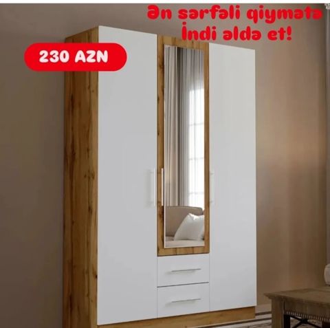 Yeni, 3 qapılı, Güzgülü, Ağ, Açılan, Düz dolab — İnci mebel — Şkaflar