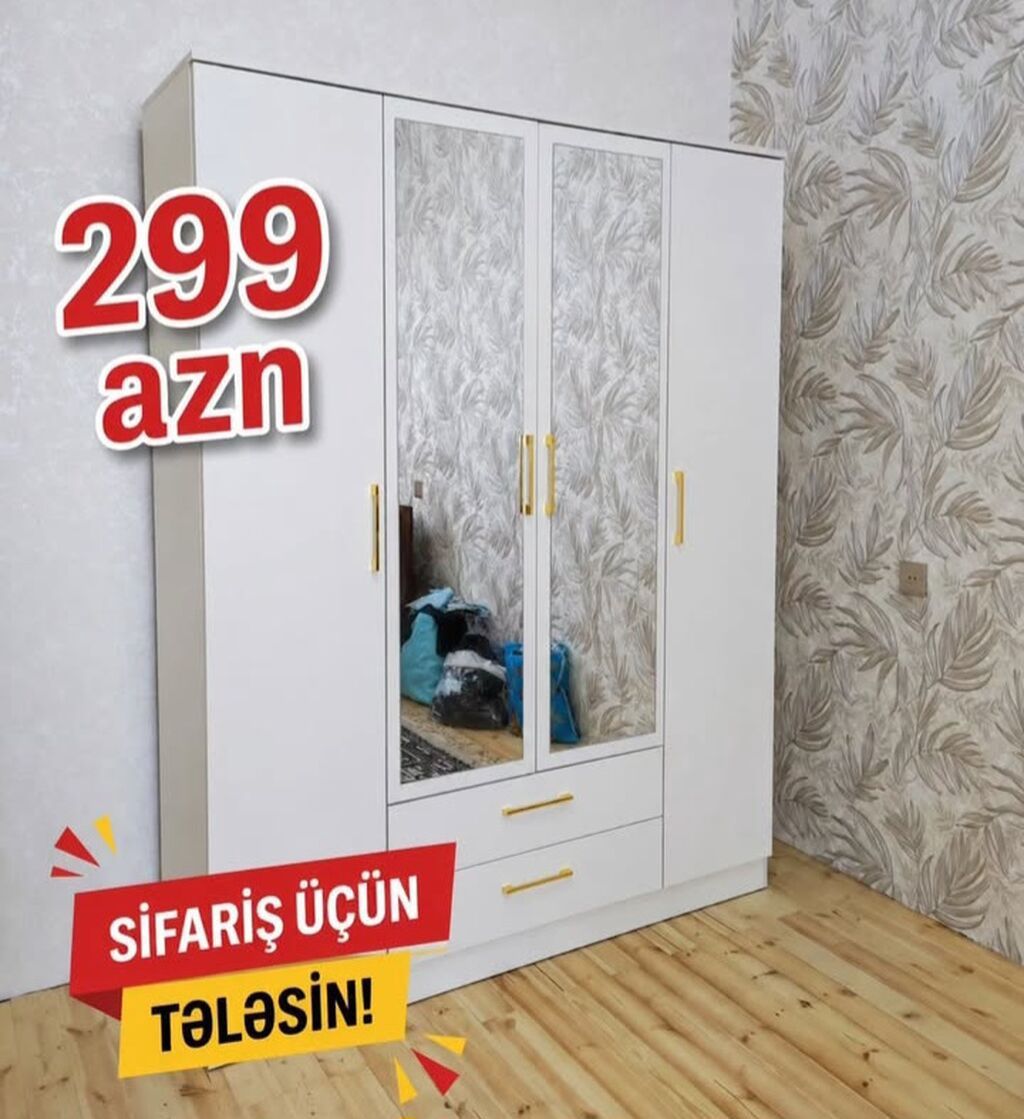Ağ rəngli 4 qapılı qarderob — güzgülü, çekmeçəli