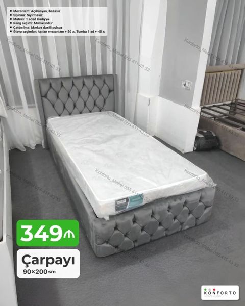 Çarpayı – 90×200 sm - Dizayn: Yumşaq kapitonlu başlıq və baza, boz